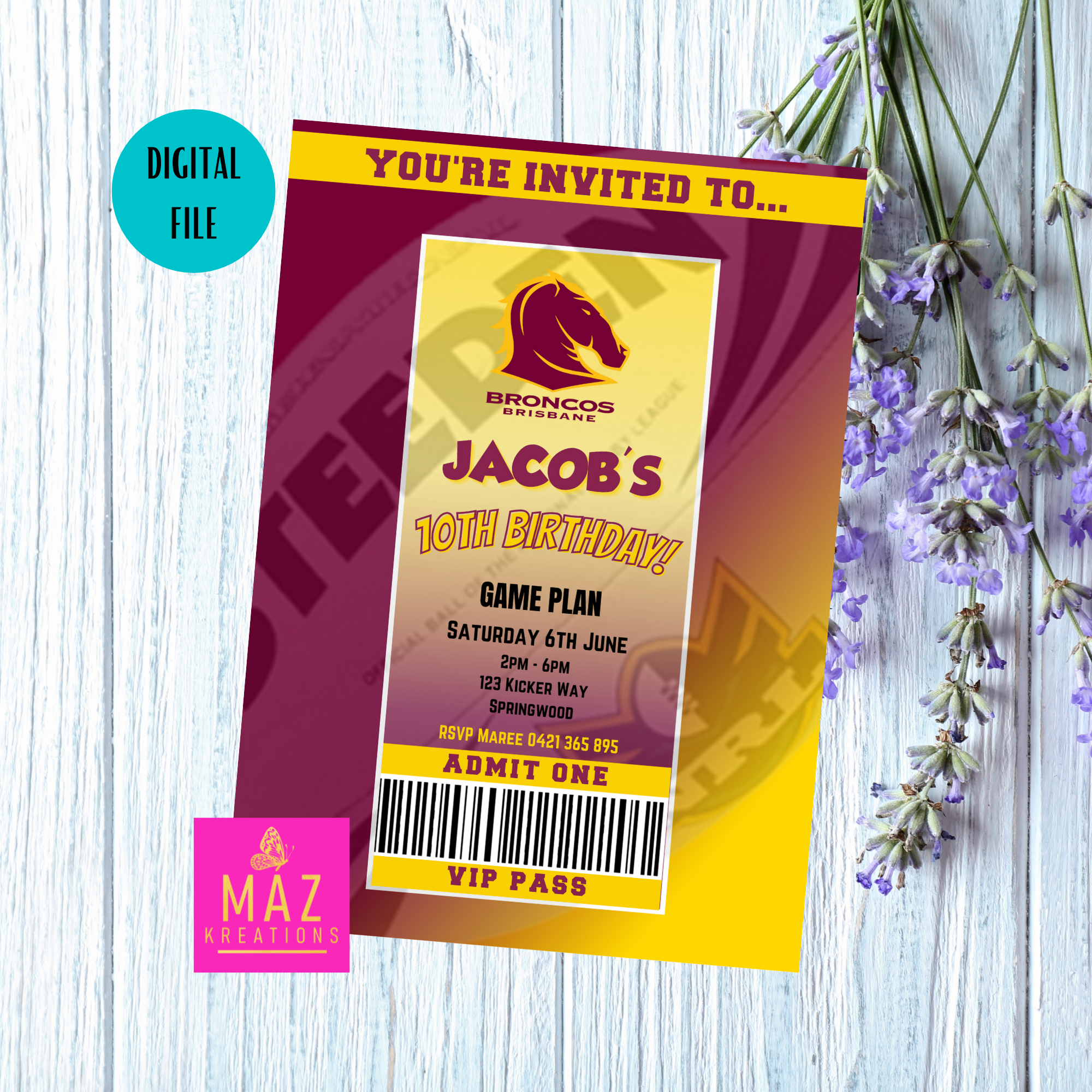 Denver Broncos Birthday Ticket Style Invite Custom