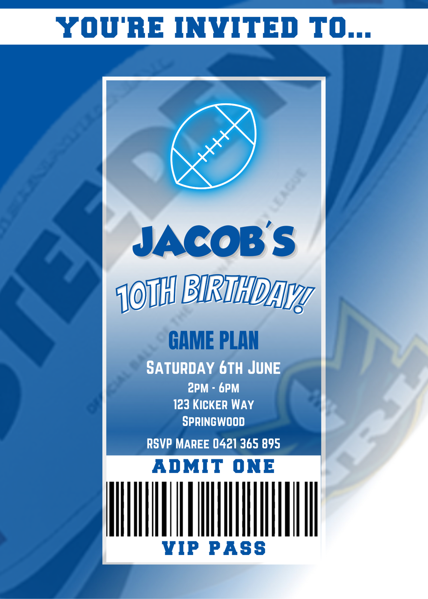 Canterbury Bulldogs themed VIP Pass Birthday Invitation