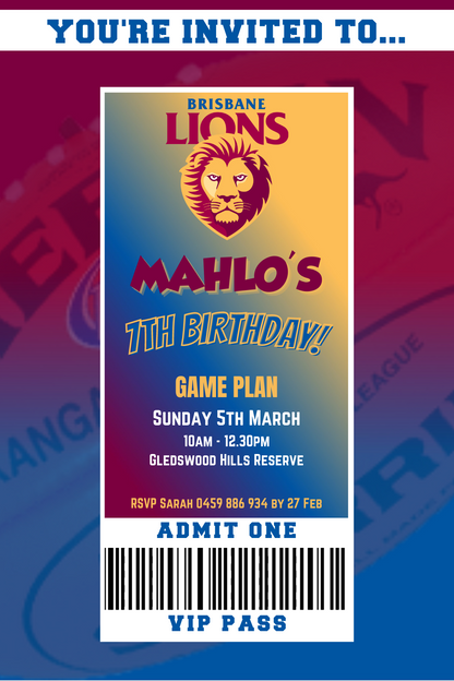 Brisbane Lions Birthday Invitation