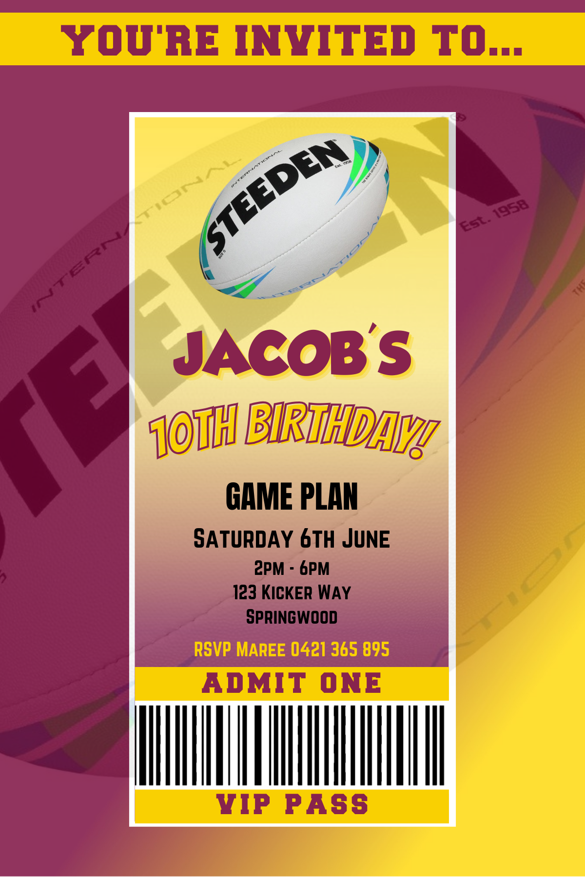 Brisbane Broncos themed VIP Pass Birthday Invitation
