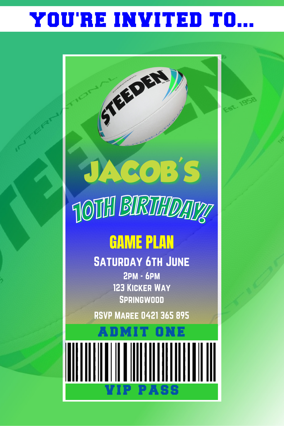 Canberra Raiders themed VIP Pass Birthday Invitation