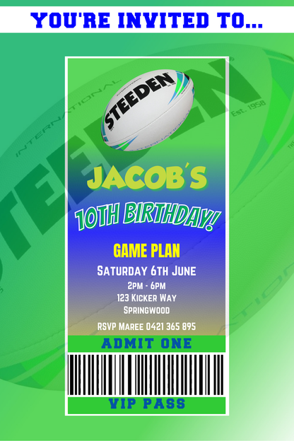 Canberra Raiders themed VIP Pass Birthday Invitation