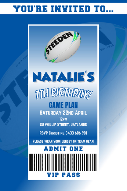 Canterbury Bulldogs themed VIP Pass Birthday Invitation