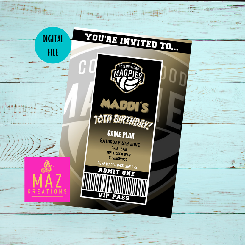 Collingwood Magpies Netball VIP Pass Birthday Invitation – Maz Kreations