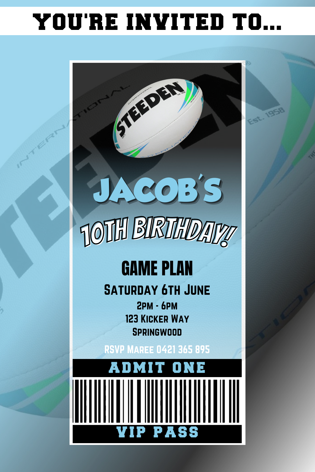 Cronulla Sharks VIP Pass Birthday Invitation