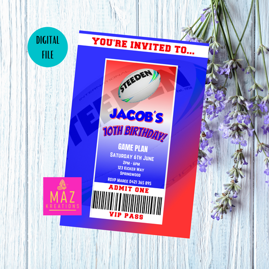 Newcastle Knights themed VIP Pass Birthday Invitation