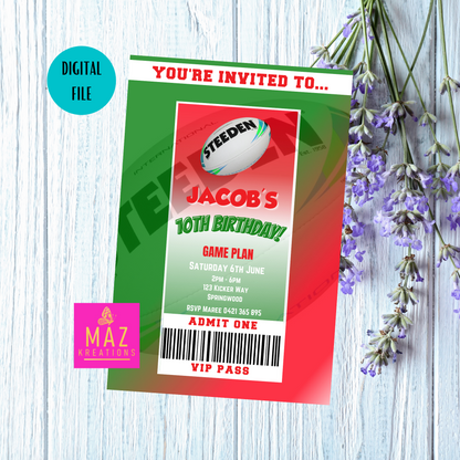 South Sydney Rabbitohs VIP Pass Birthday Invitation