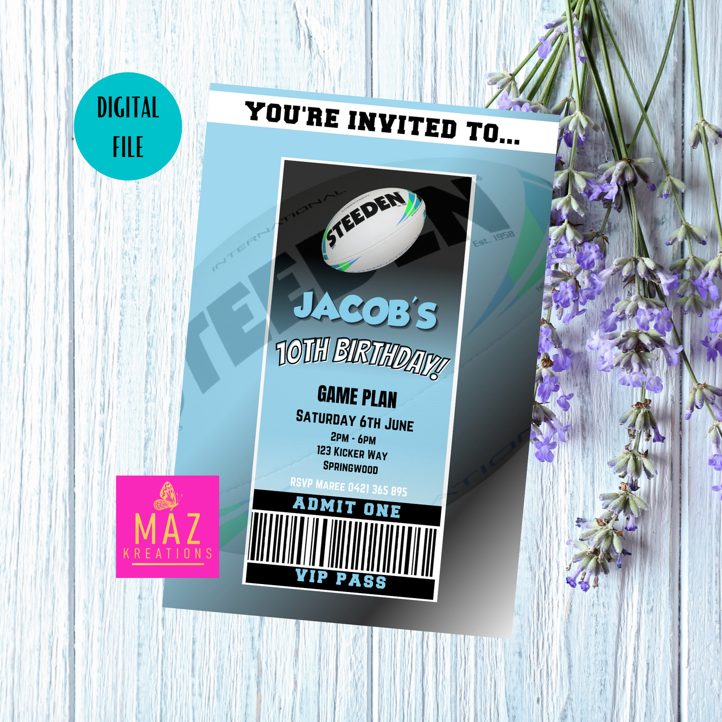 Cronulla Sharks VIP Pass Birthday Invitation