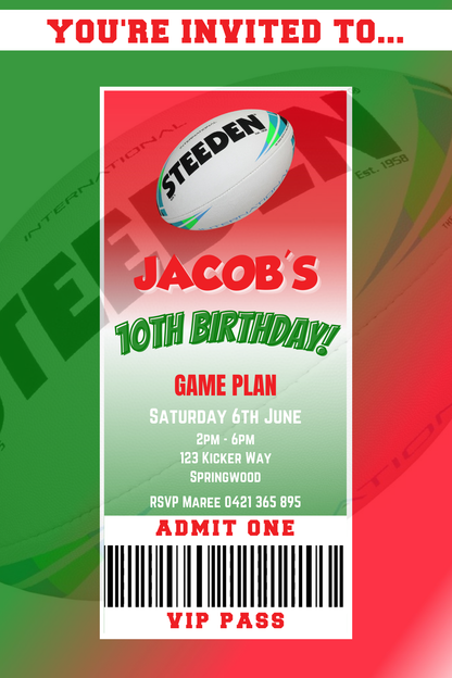 South Sydney Rabbitohs VIP Pass Birthday Invitation