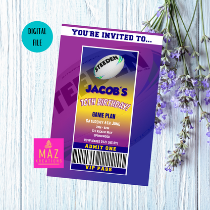 Melbourne Storm themed VIP Pass Birthday Invitation