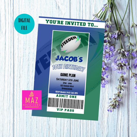 New Zealand Warriors themed VIP Pass Birthday Invitation