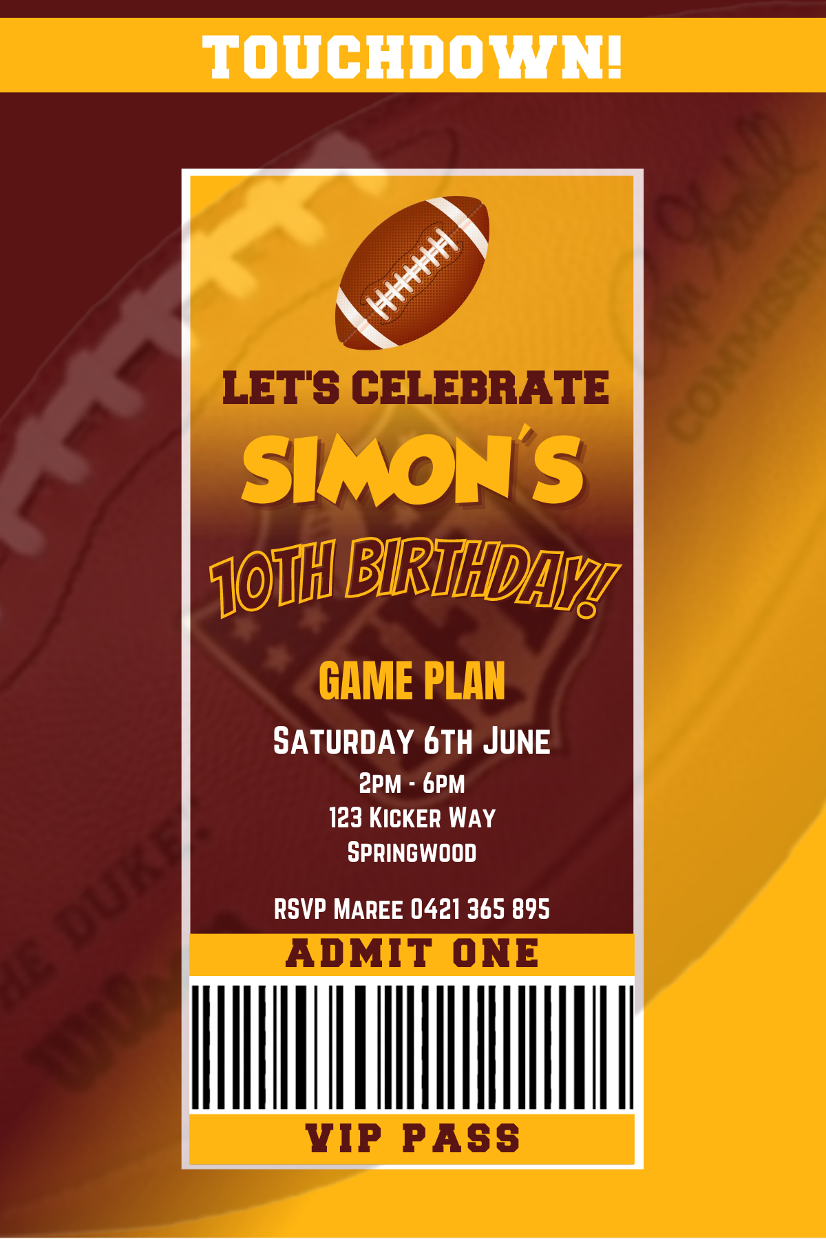 Washington Football Club Birthday Invitation