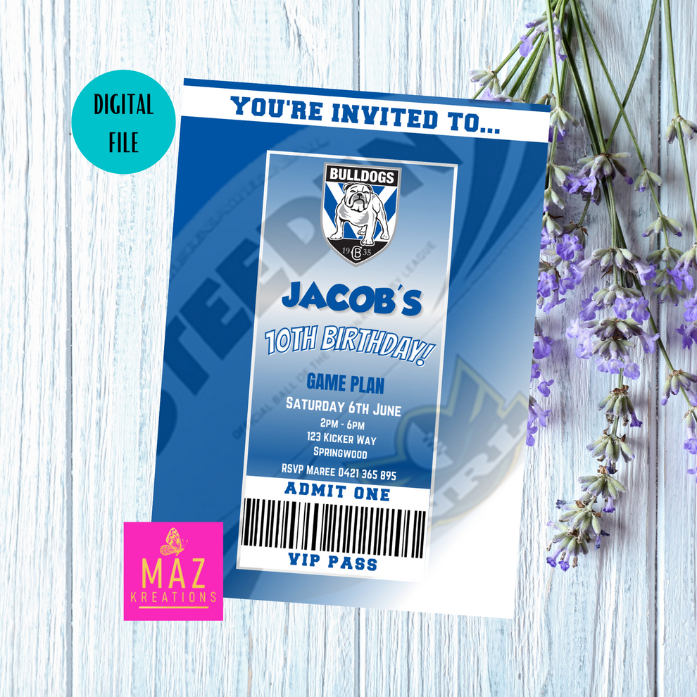 Canterbury Bulldogs VIP Pass Birthday Invitation – Maz Kreations