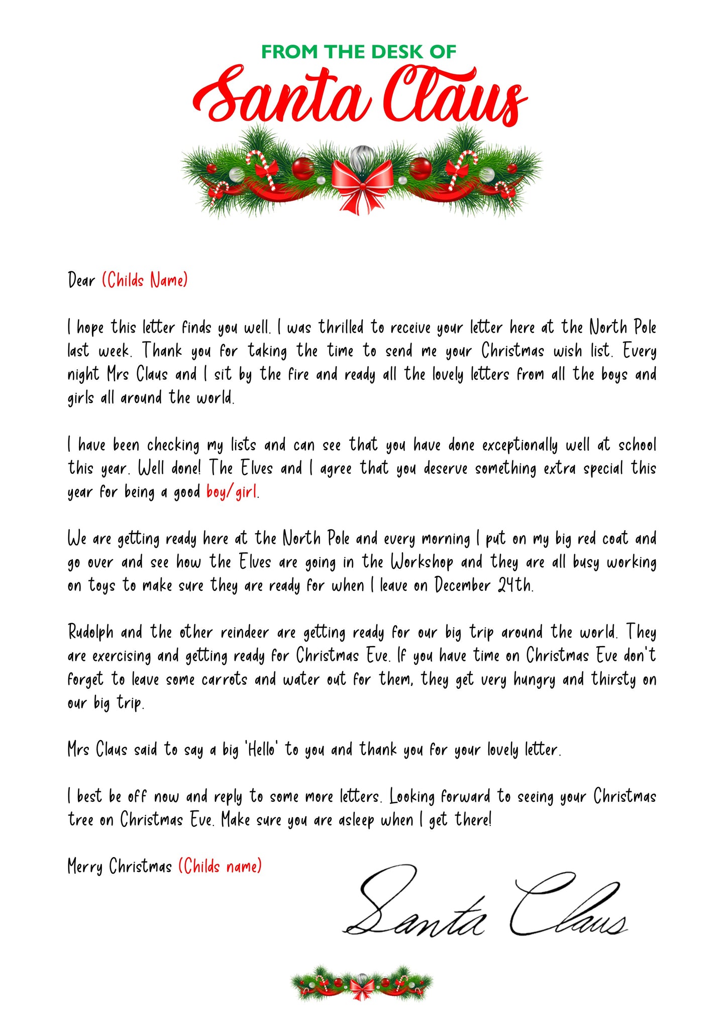 Letter from Santa - From the Desk of Santa Claus