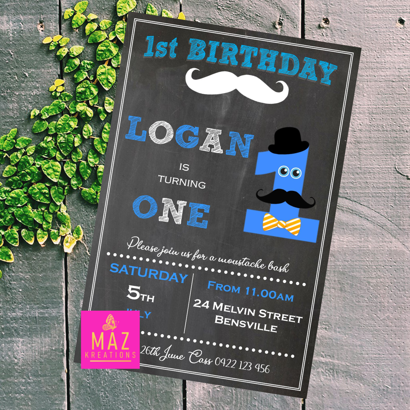 Moustache themed Birthday Invitation