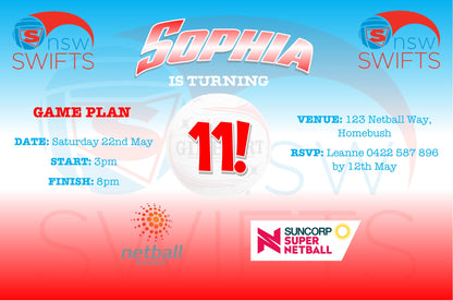 NSW Swifts Netball Birthday Invitation