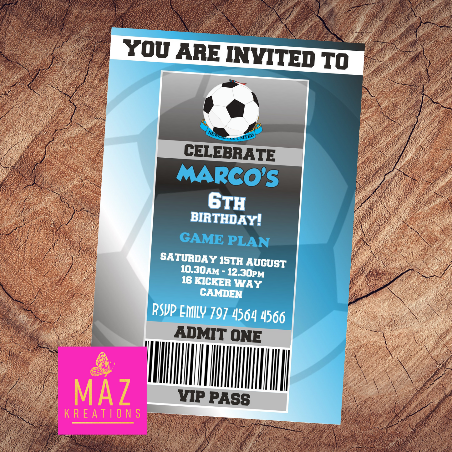 Newcastle United themed Birthday Invitation